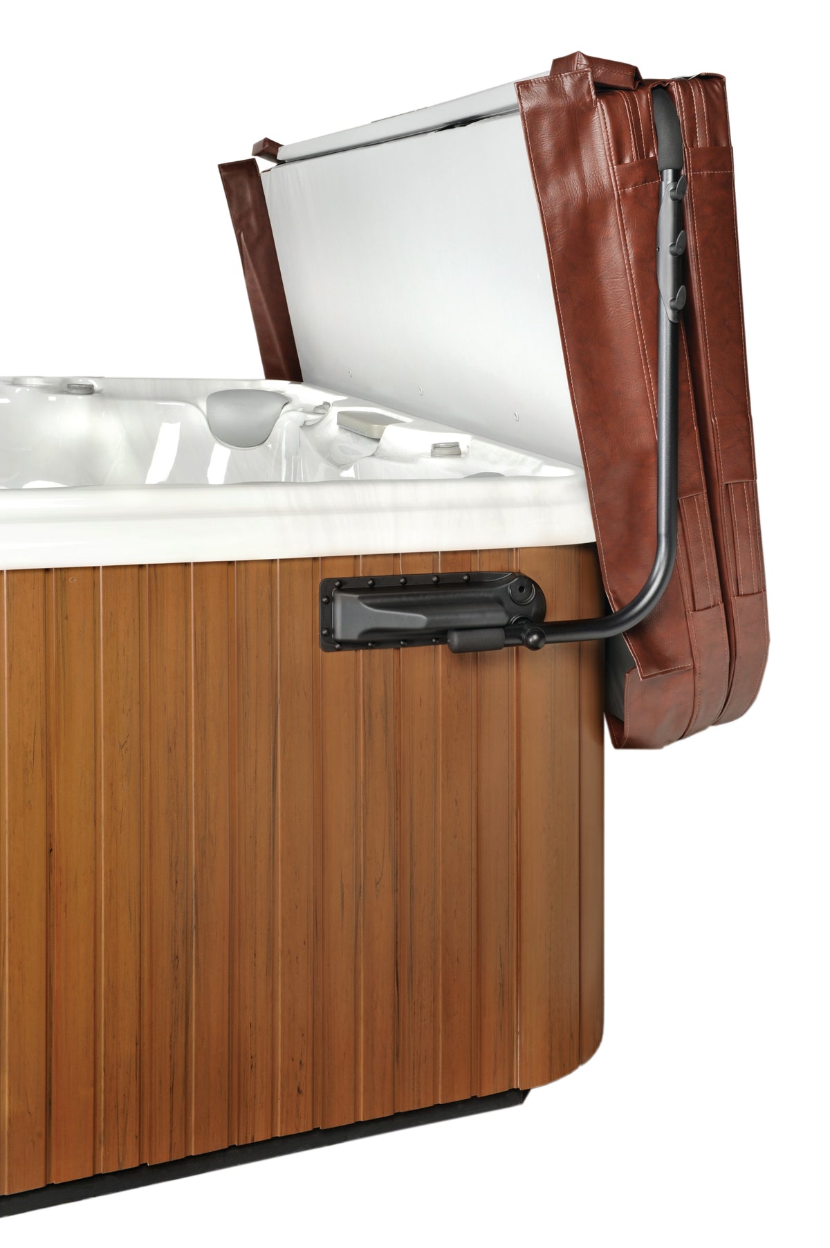 A black cover lift system attached to a wooden spa cover, designed to lift and cover the spa.