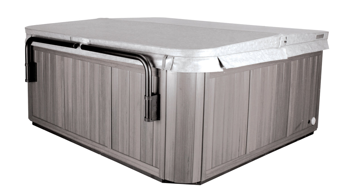 Black swivel metal brackets attached to spa to support cover when cover is removed from spa